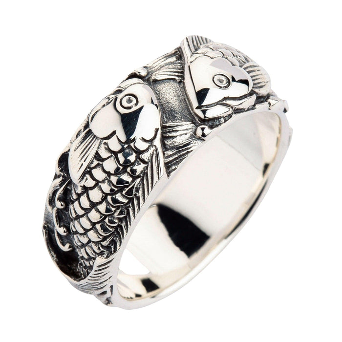 A sterling silver koi ring featuring two intricately engraved Japanese koi fish.