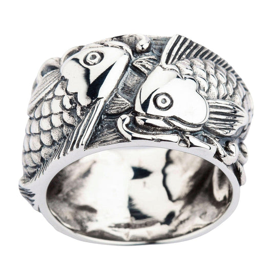 Japanese koi ring in sterling silver, front view with twin koi fish design.