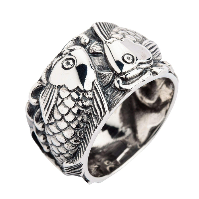 Men’s koi ring made of solid .925 sterling silver, side profile view.