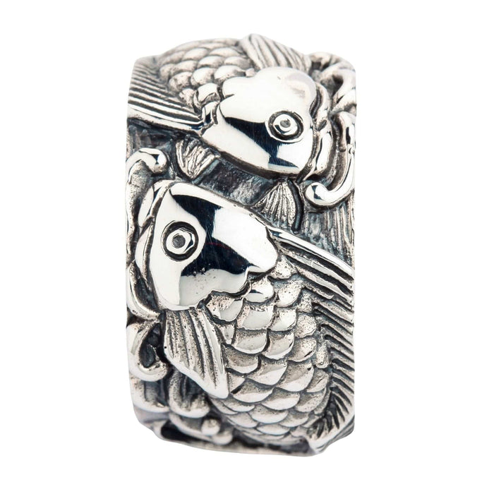 Solid sterling silver men’s koi wedding band, 17 mm wide.