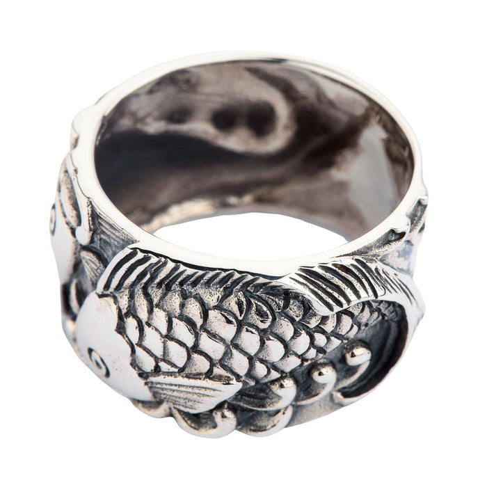 Koi curls right around the band, scales and fins polished on the high points and darkened in between.