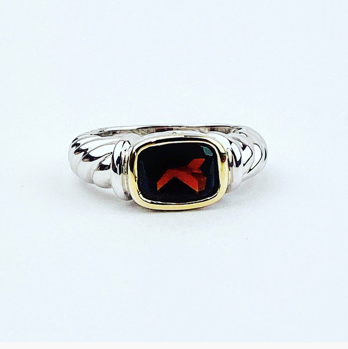 Sterling Silver and 18K Yellow Gold Garnet and Diamond Ring