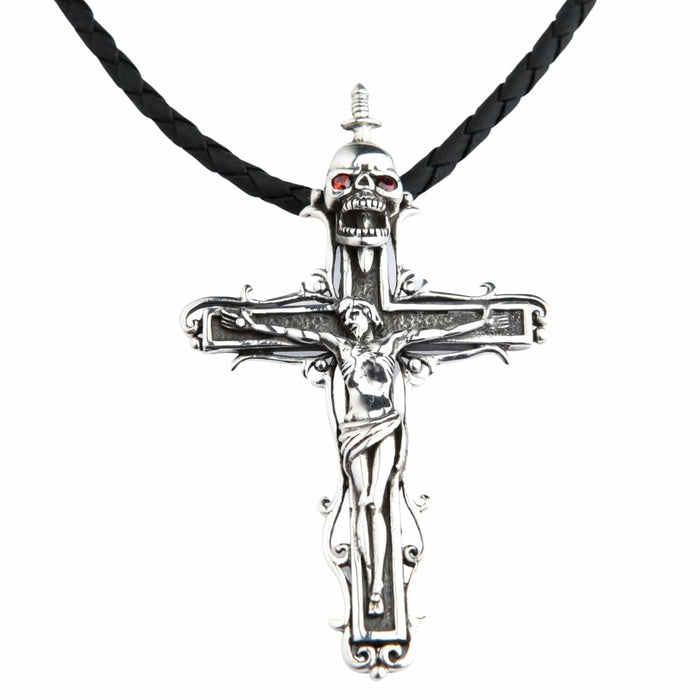 Front view of the Jesus Skull Cross Pendant in sterling silver, featuring a crucifix with a skull and red garnet eyes.