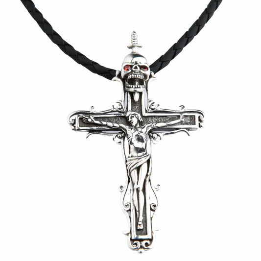 Front view of the Jesus Skull Cross Pendant in sterling silver, featuring a crucifix with a skull and red garnet eyes.