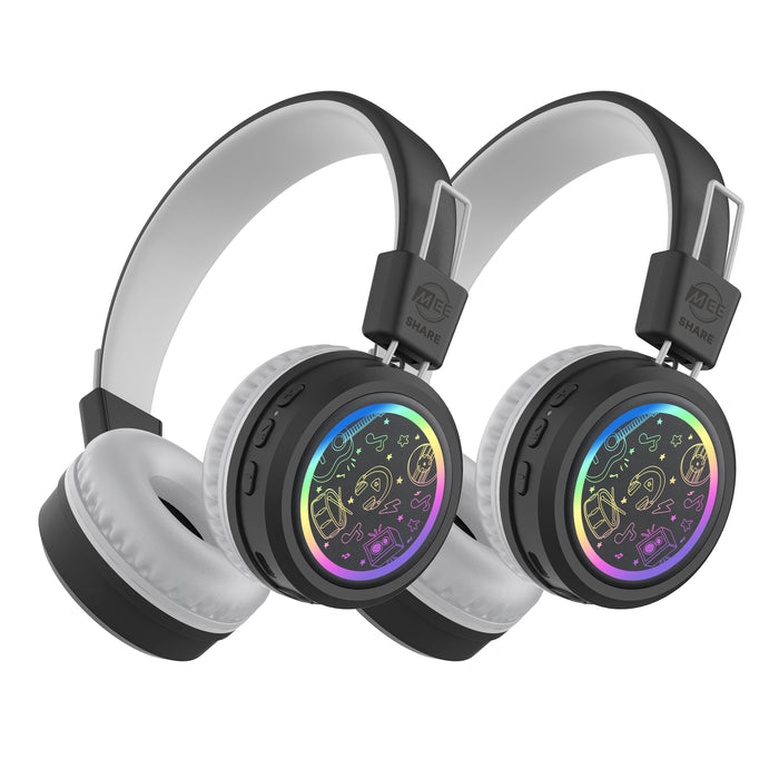 Pair of MEE audio KidJamz Share Bluetooth Wireless Headphones for Kids with LED Lights, 85dB Volume Limiter, Microphone, 40h battery; Childrens Headset for School/iPhone/iPad/Tablet