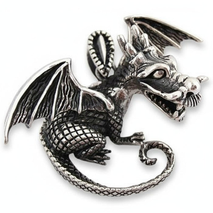 A front view of the heavy sterling silver knight dragon pendant with detailed scales and wings.