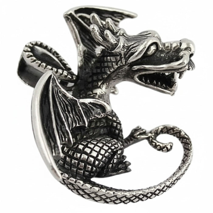 An angled view of the gothic medieval dragon pendant, highlighting its three-dimensional craftsmanship.