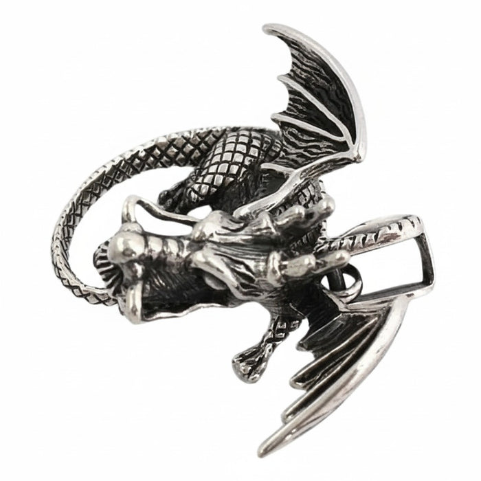 The massive 30-gram silver dragon pendant top view.