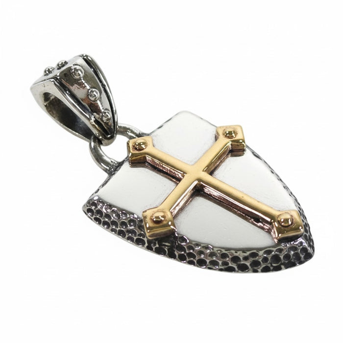 A side profile of the two-tone Crusader cross shield pendant.
