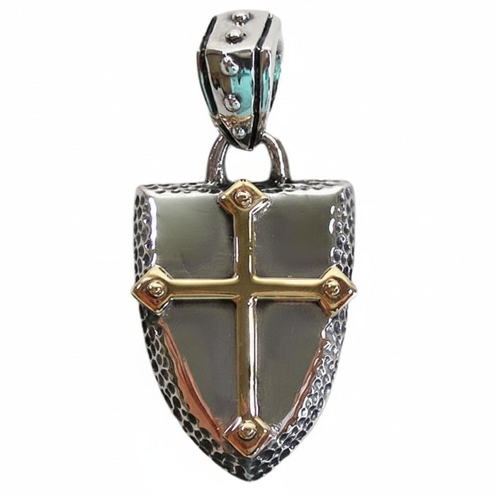 A front view of the men's Knights Templar shield pendant in sterling silver and gold.