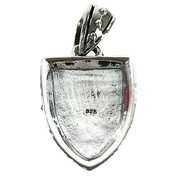 The back of the sterling silver shield pendant, showing the .925 hallmark stamp.