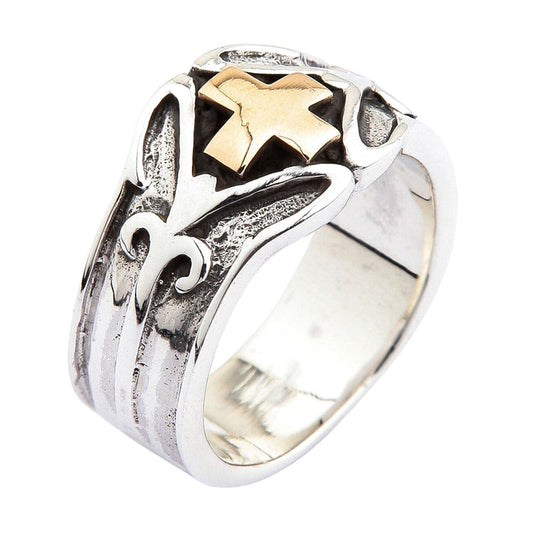 A sterling silver Knights Templar ring with a 14K gold-plated cross and gothic scrollwork on a white background.
