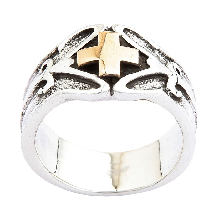 A direct front view of the men's crusader ring, highlighting the bold gold cross against the textured silver band.