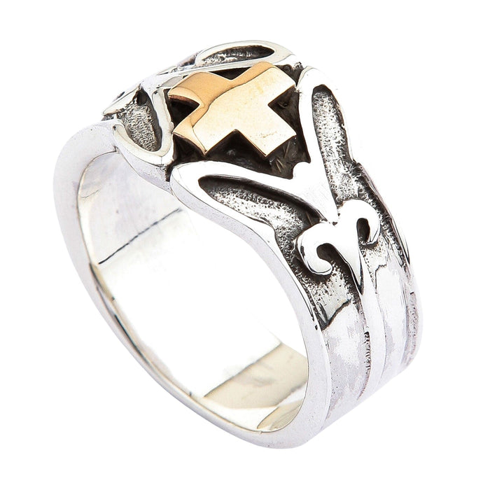 A side view of the gothic cross ring, showing the intricate Celtic and gothic details along the wide band.