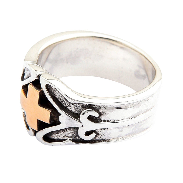 An angled view of the sterling silver Templar ring, displaying its substantial width and two-tone design.