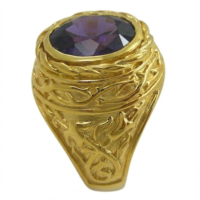 Elevated front perspective revealing the layered gold lily petal carvings wrapping beneath the dark purple amethyst.