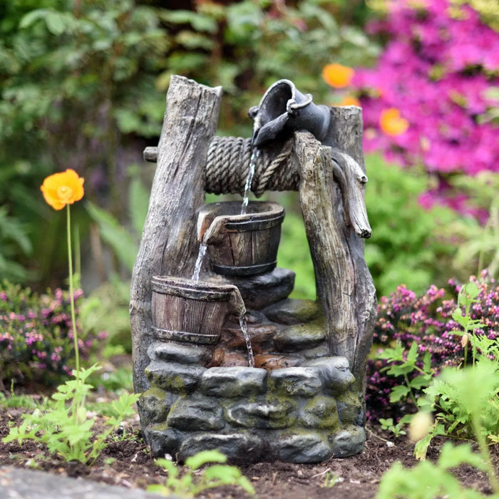 Litedeer Mystic Vintage Buckets Water Fountain with LED Lights Wishing Well Home 4-Tier Barrel Waterfall Art Décor for Garden Deck Porch Front or Backyard Patio outdoor Fountain Grey 22