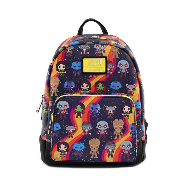 Backpack with colorful character pattern on a white background