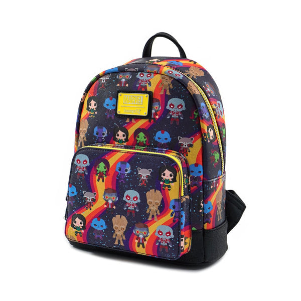 Backpack with colorful character pattern on a white background