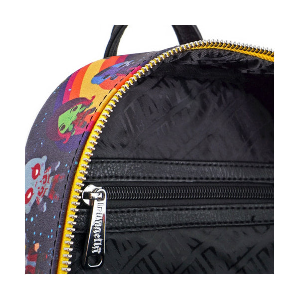 Colorful backpack with a brand logo on a white background
