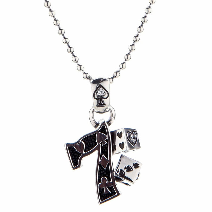 Poker dice pendant necklace complete with ball chain front view on white background