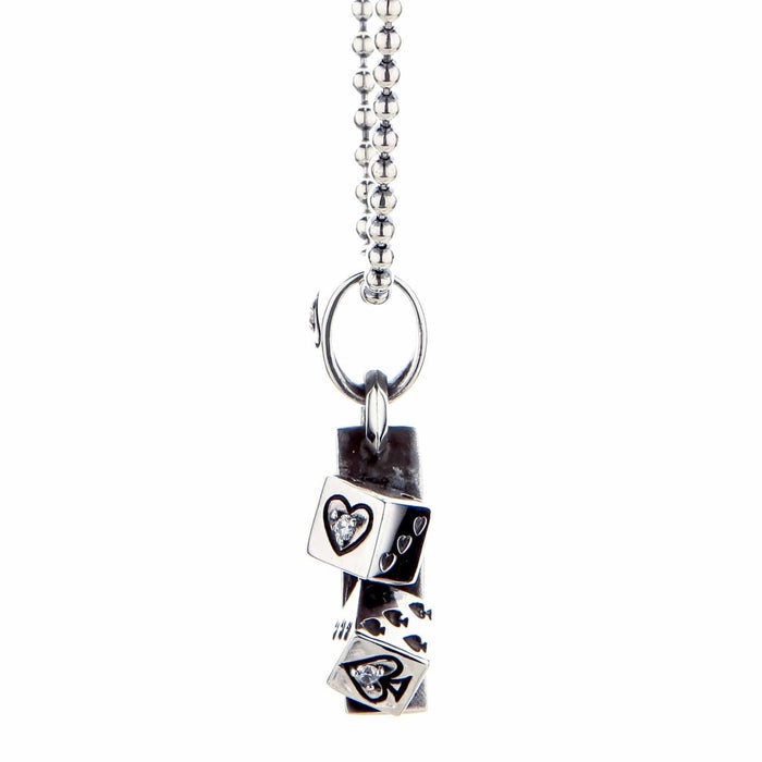 Biker gambler pendant side profile view demonstrating 12mm thickness and dimensional dice design