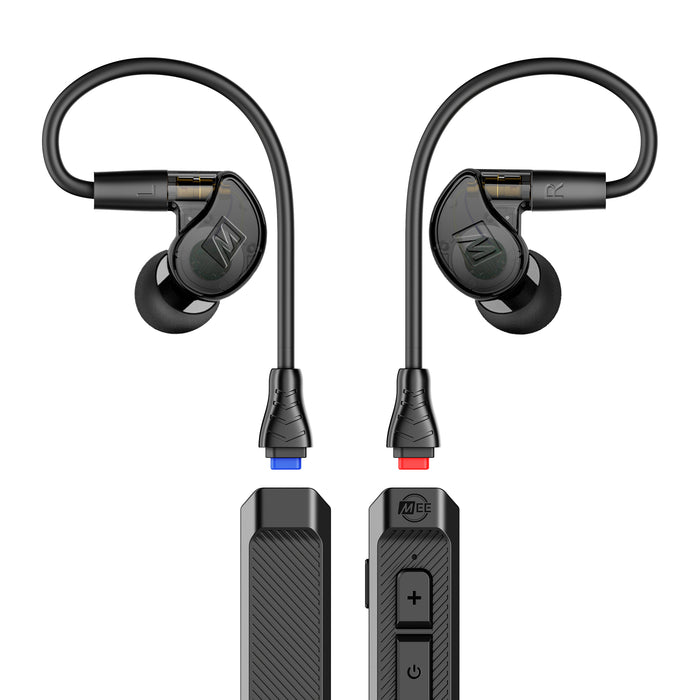 Black M6 PRO In-ear monitors and a BT3 Bluetooth Adapter cable on a white background