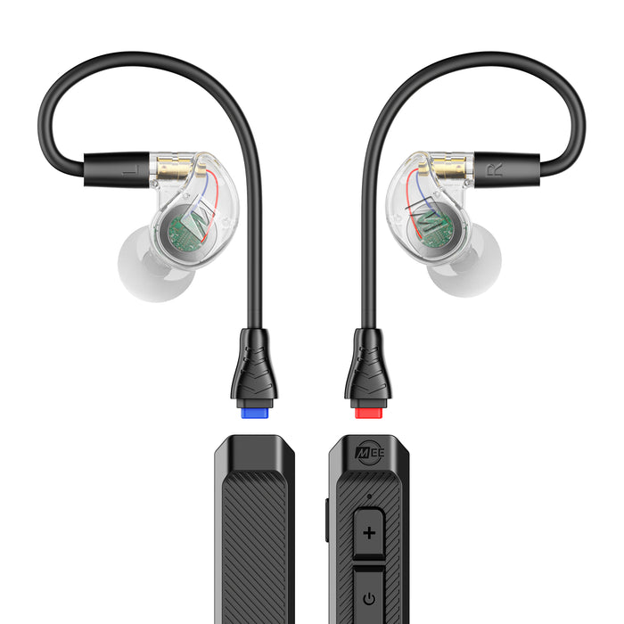 Clear M6 PRO In-ear monitors and a  BT3 Bluetooth Adapter cable on a white background