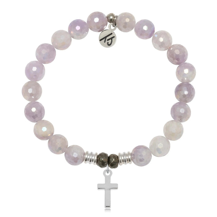 Mauve Jade Gemstone Bracelet with Cross Sterling Silver Charm