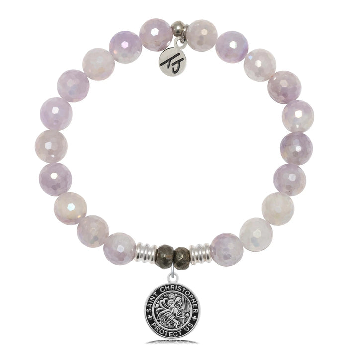 Mauve Jade Gemstone Bracelet with St. Christopher Sterling Silver Charm