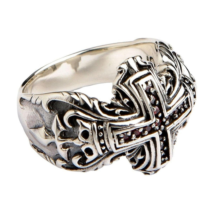 925 sterling silver cross ring three quarter angle showing baroque scrollwork and red garnet details