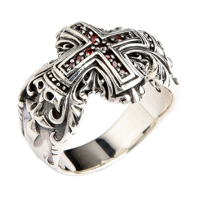 Handcrafted silver medieval cross ring top view highlighting embedded red garnet stones