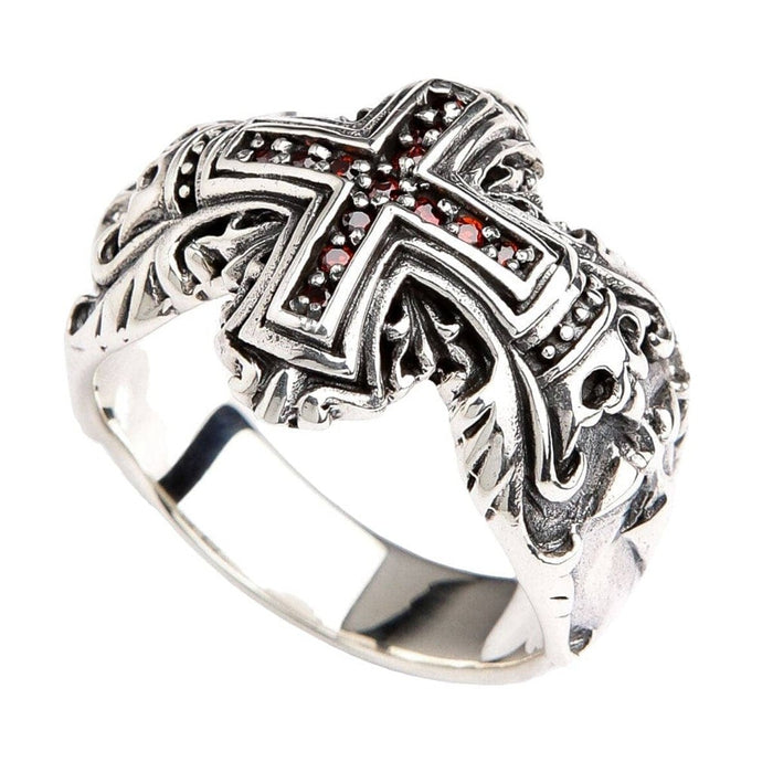Gothic style sterling silver cross ring angled view showing oxidized finish and intricate detailing
