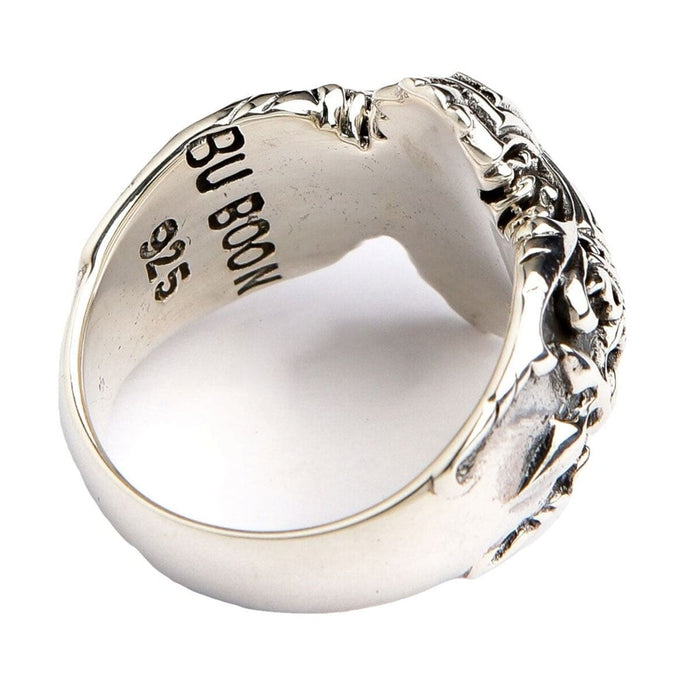 925 hallmark stamp inside sterling silver cross ring band confirming authentic silver purity