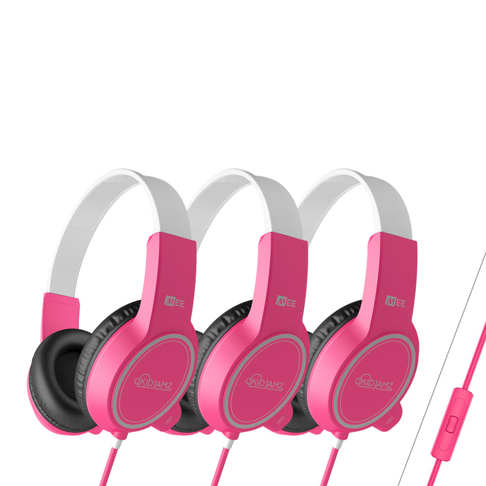3-Pack of Pink MEE audio KidJamz 35P Child Safe Headphones for Kids with Volume-Limiting Technology on a white background