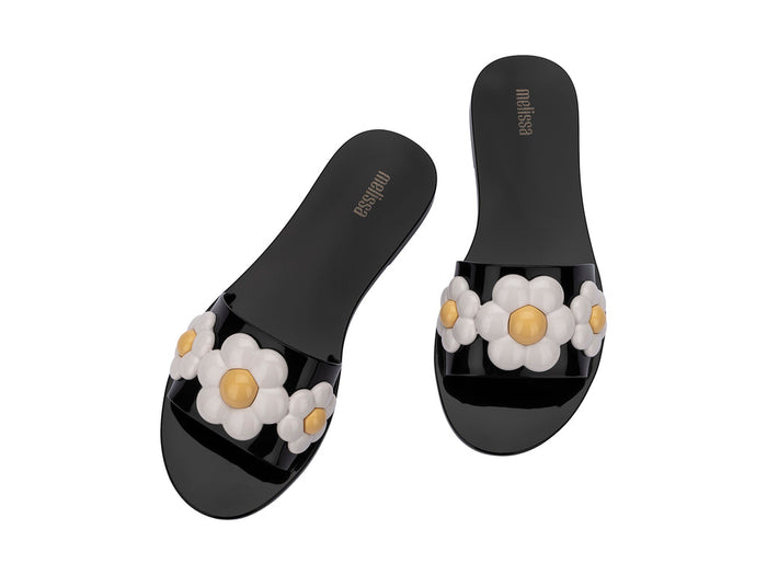 Melissa Babe AD Spring Black Flat Slip-On Slides for Women – Comfortable and stylish black flat slides, perfect for casual wear and everyday comfort.