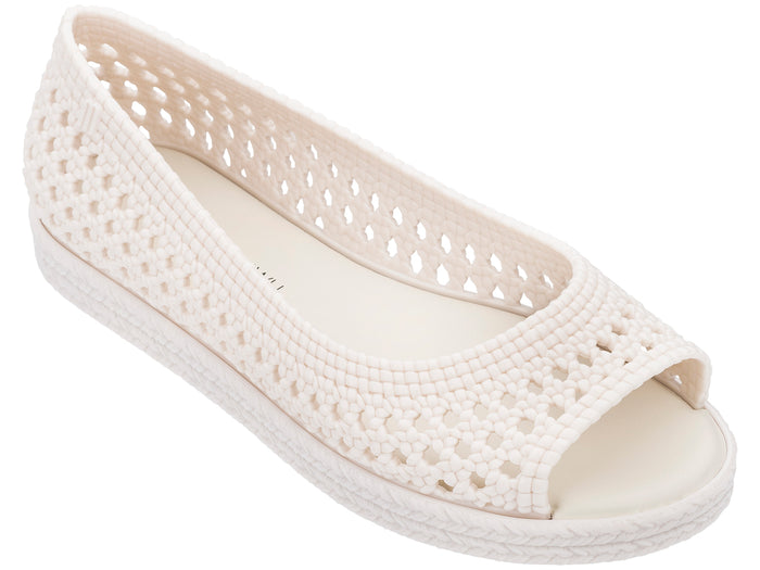Melissa Camilla Jason Wu Casual Slip-On Peep Toe White Ballerinas for Women – Elegant and comfortable designer ballerinas with a stylish peep-toe design, perfect for casual and dressy looks.