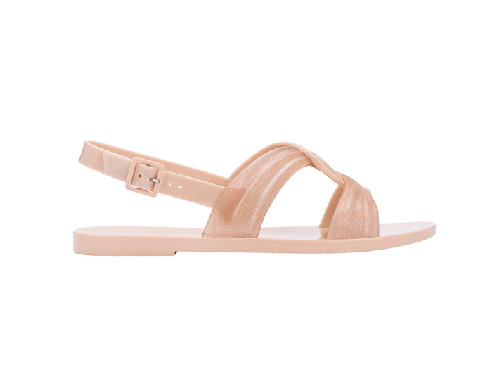 Melissa Essential Mix Knotted Beige Sandal for Women – Stylish flat sandals with a unique knotted strap design and a secure back-zip closure, perfect for comfort and everyday fashion.