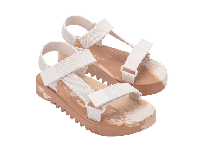 Melissa Flowing Papete white and beige velcro platform sandal for women with a modern colorblock design and comfortable adjustable straps.