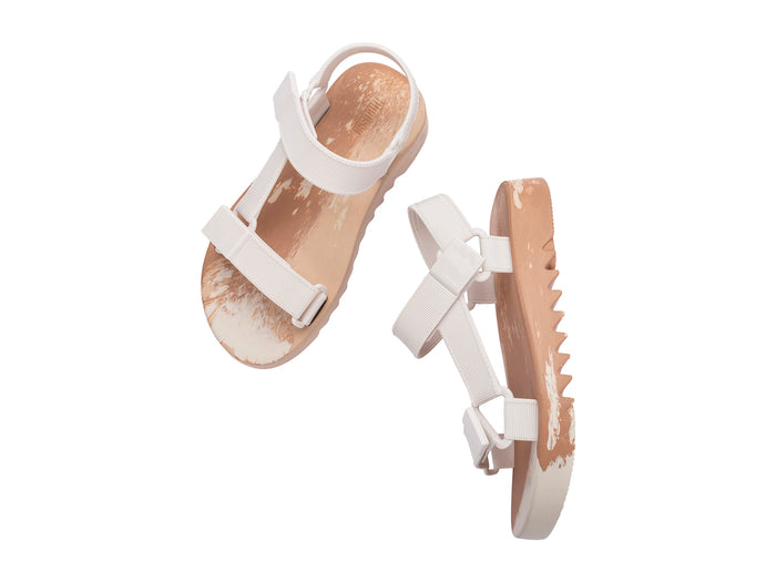 Melissa Flowing Papete white and beige velcro platform sandal for women with a modern colorblock design and comfortable adjustable straps.