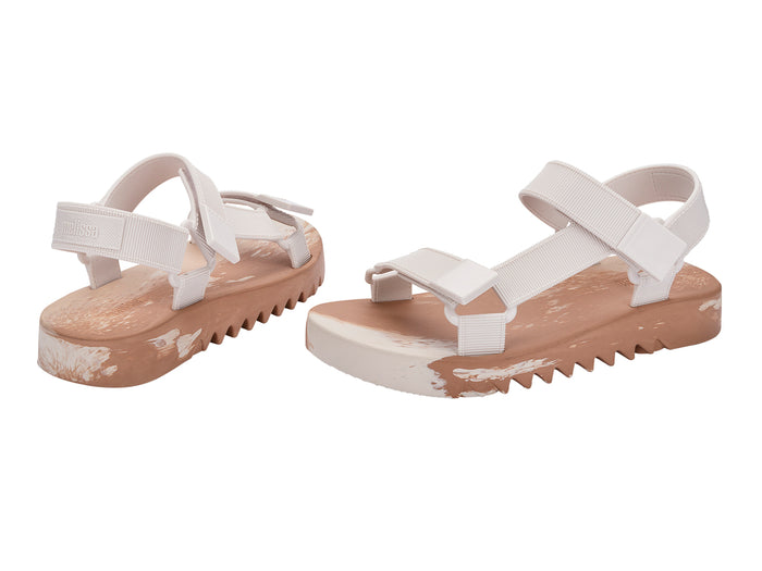 Melissa Flowing Papete white and beige velcro platform sandal for women with a modern colorblock design and comfortable adjustable straps.