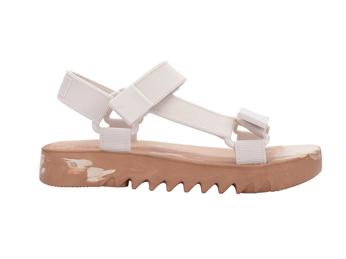 Melissa Flowing Papete white and beige velcro platform sandal for women with a modern colorblock design and comfortable adjustable straps.