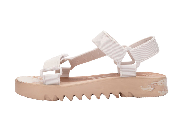Melissa Flowing Papete white and beige velcro platform sandal for women with a modern colorblock design and comfortable adjustable straps.