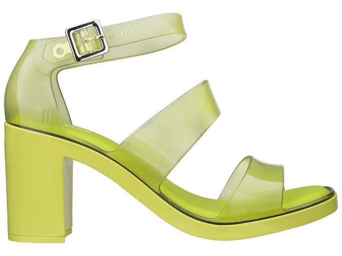 Melissa Model Block Heel Strappy Yellow Sandal, focusing on the flexible Mel-Flex material and block heel.