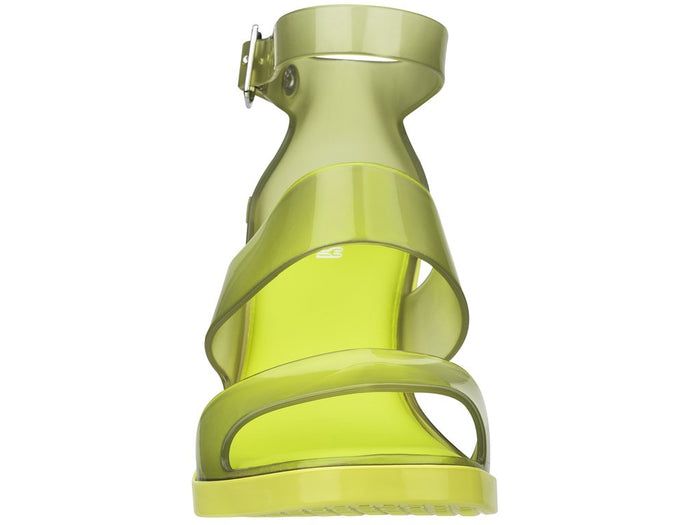 Melissa Model Block Heel Strappy Yellow Sandal, focusing on the flexible Mel-Flex material and block heel.