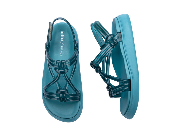 Melissa Papete Essential Sand Salinas Blue Sandal featuring soft soles and knotted straps.
