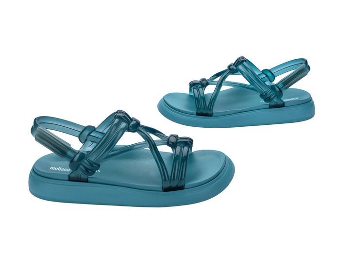 Melissa Papete Essential Sand Salinas Blue Sandal featuring soft soles and knotted straps.