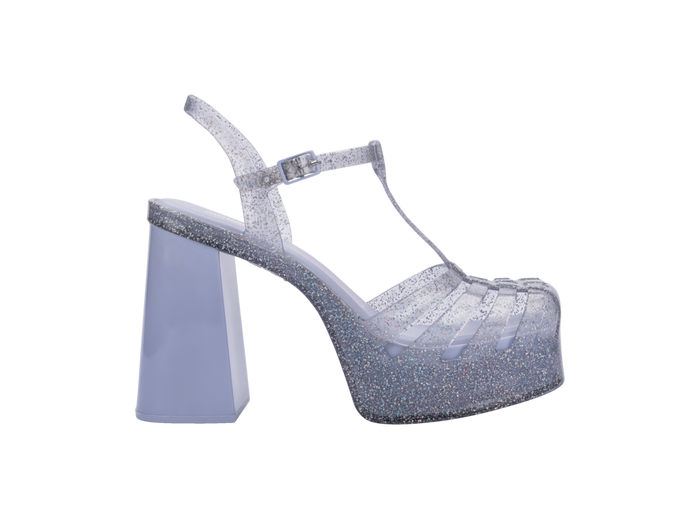 Melissa Party Heel AD Glitter Pink Sandal for women, featuring a sparkling glitter finish and elegant design, perfect for parties and special occasions. Transparent block heels