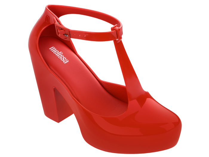 Melissa Peace Block Heel T-Strap Red Sandal for Women – Stylish and comfortable dressy sandals with a modern block heel design.