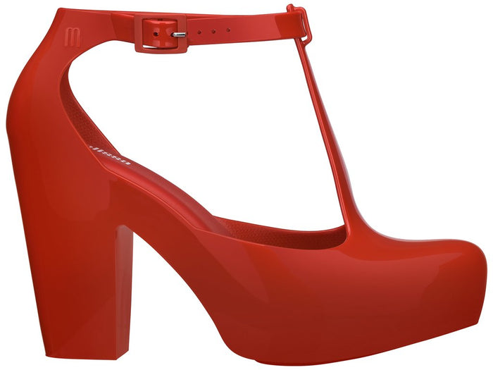 Melissa Peace Block Heel T-Strap Red Sandal for Women – Stylish and comfortable dressy sandals with a modern block heel design.